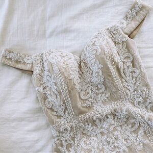 NWOT Luxe Promised Love White Beaded Lace Off-the-Shoulder Maxi Dress